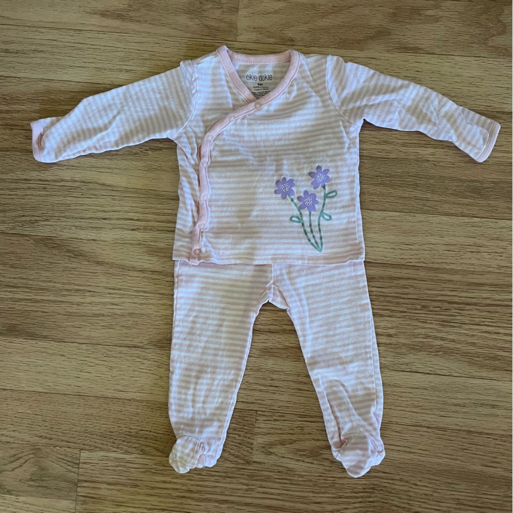 Okie Dokie Pink and White Striped Top with Footed Pants 6m